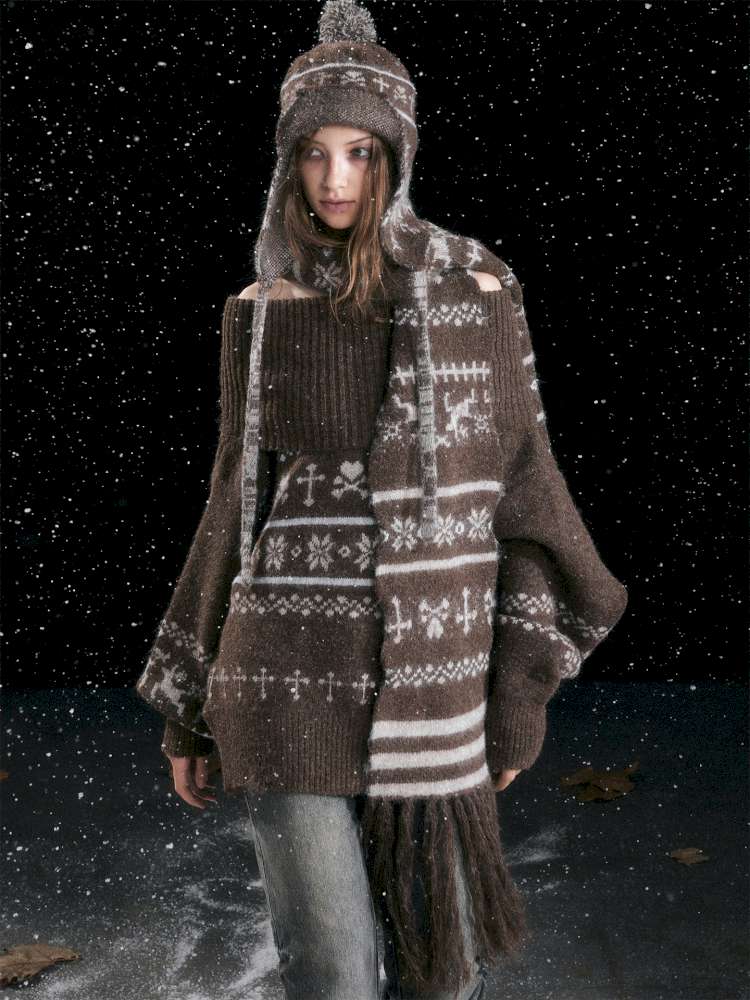 Striped Snowflake Ear Protection Beanie【s0000014672】