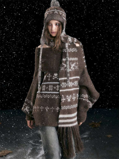 Striped Snowflake Ear Protection Beanie【s0000014672】