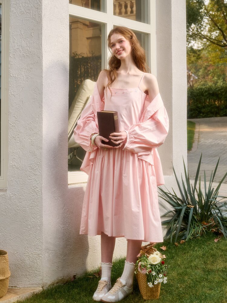 Pink Cotton Embroidered Shirt Dress【s0000015620】
