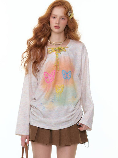 Butterfly Print V-Neck Strap Long Sleeve T-Shirt【s0000014360】