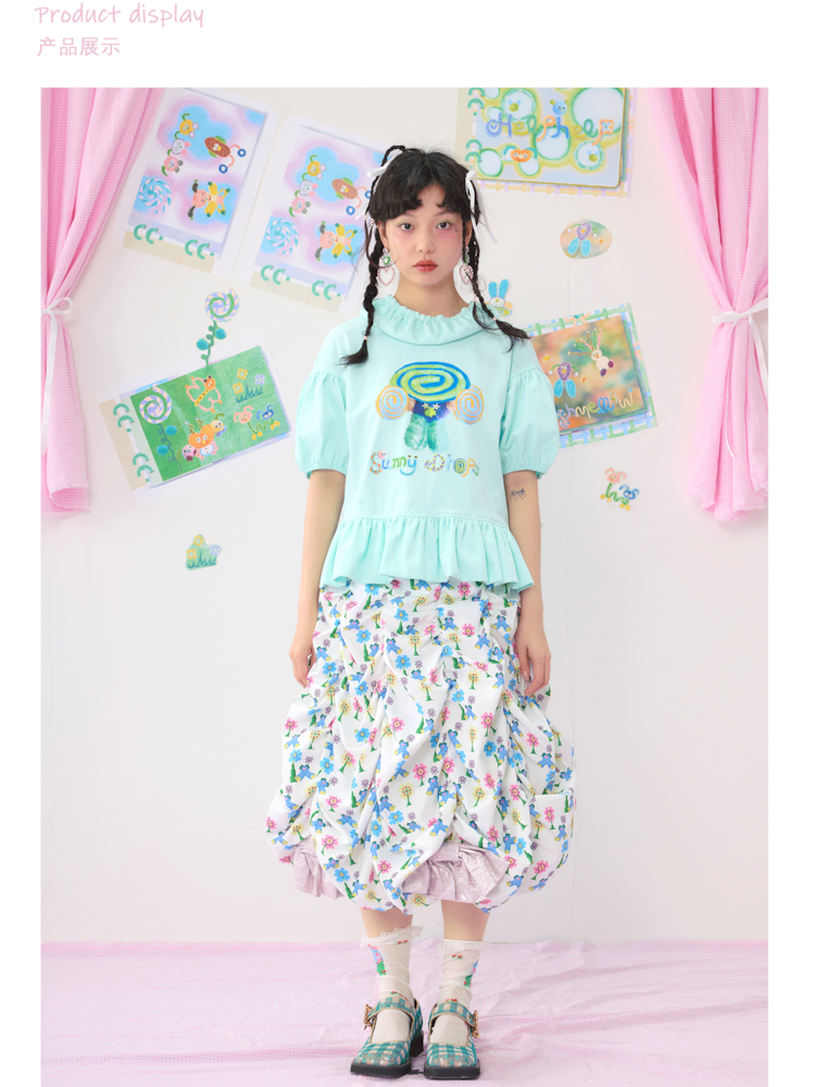 Bubble Sleeve Short Colourful Printed T-Shirt【s0000009542】