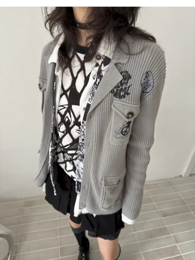 Graffiti-Print Knit Cardigan Sweater【s0000014202】