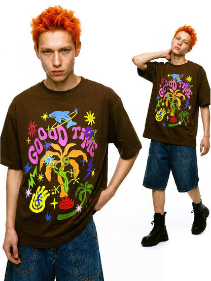 American Graffiti Print Loose T Shirt【s0000017112】