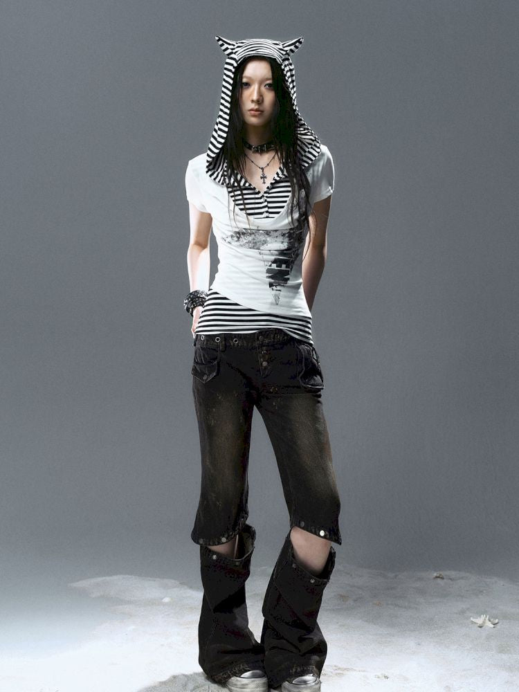 Swing Neck Striped Short Sleeve T-Shirt【s0000012807】