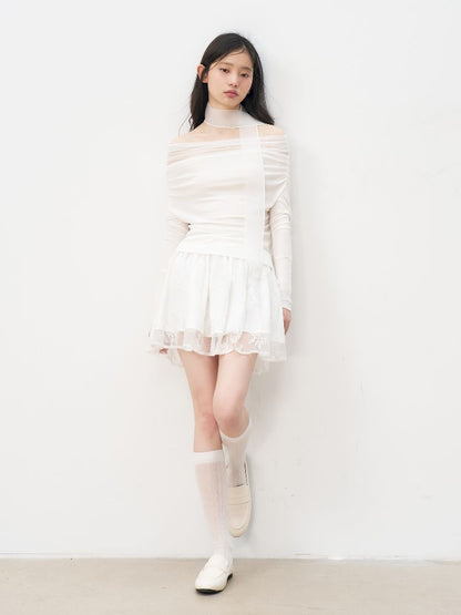 One Shoulder Top + Lace Embroidered Half Skirt【s0000011955】