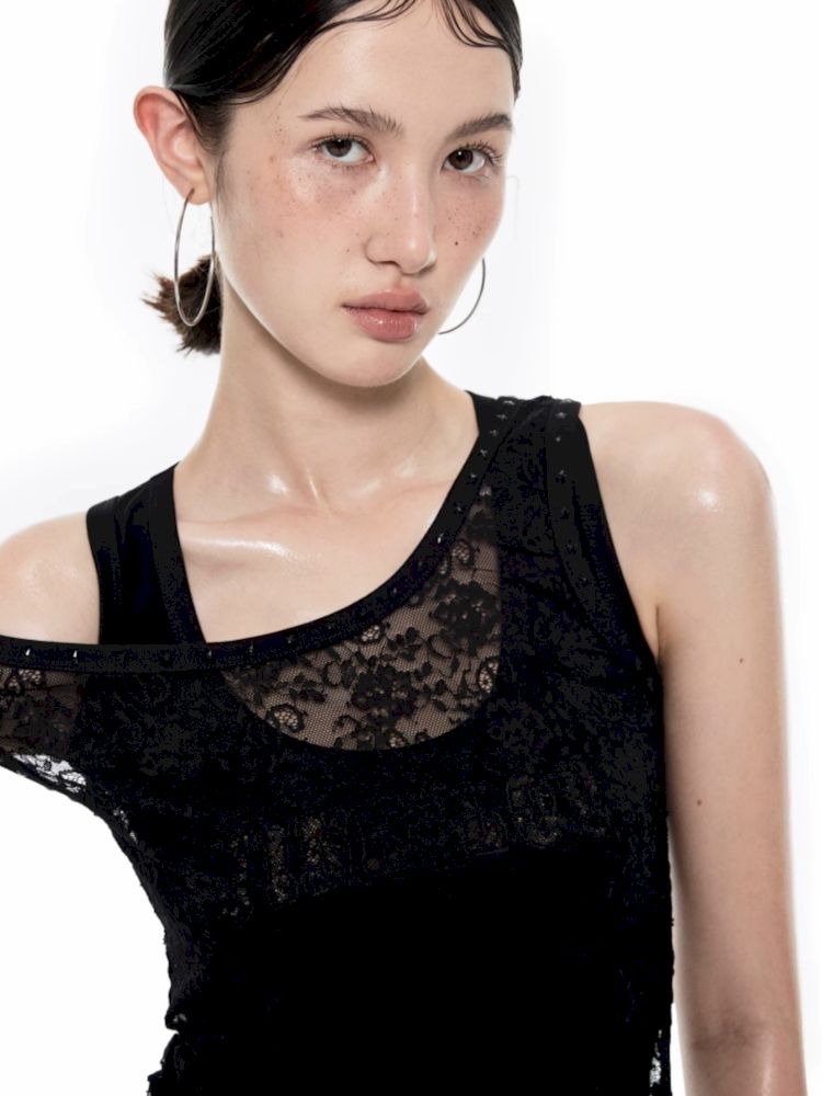 Slant Shoulder Asymmetric Lace See Through Overlay Vest【s0000009708】