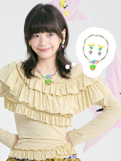 Yellow Pleated Off Shoulder Base T-Shirt【s0000018371】