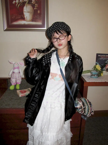 Lace-Trimmed Oversized Leather Jacket【s0000014167】