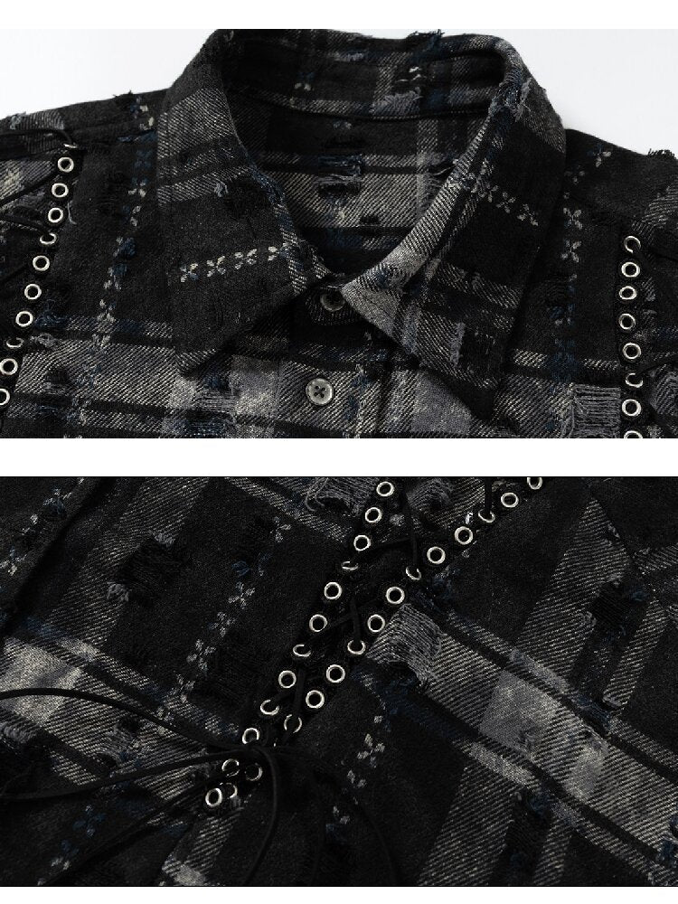 Plaid Strap Torn Long-Sleeved Shirt【s0000016258】