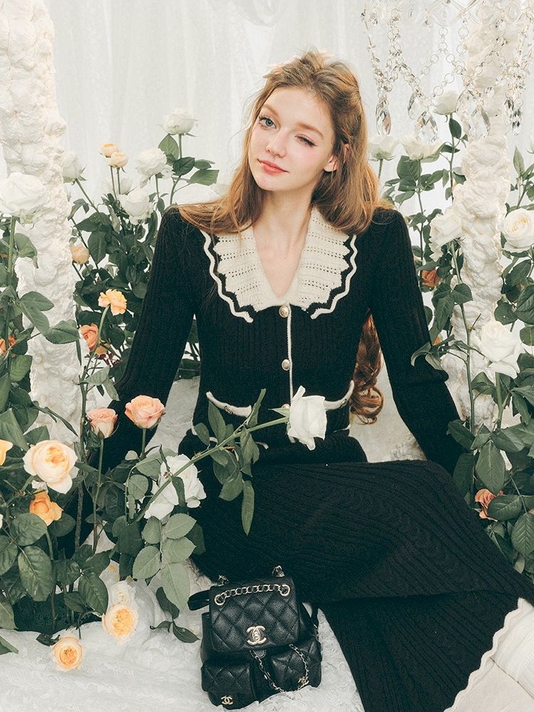 Knit Cardigan Wrap Hip Skirt Two Piece Chambray Set【s0000005286】