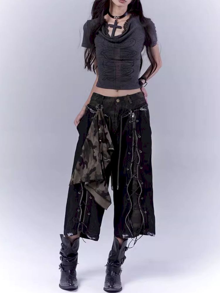 Openwork cross print lace T-shirt【s0000012847】