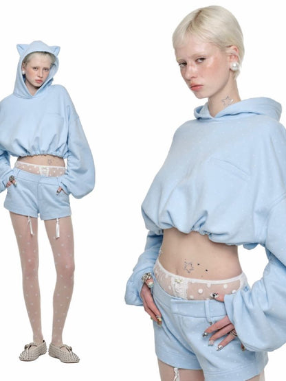 Cat's Paw Long Short Polka Dot Hooded Cardigan Sweatshirt Sweatpants Set【s0000011566】