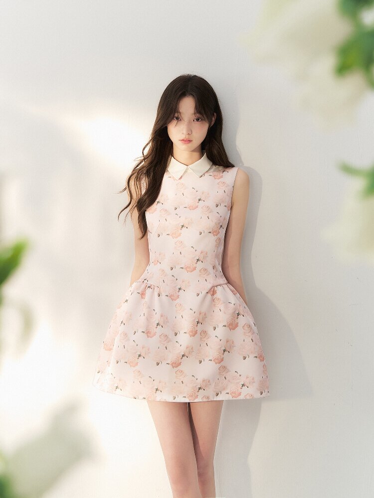 Satin Rose Print Puff Sundress【s0000016877】