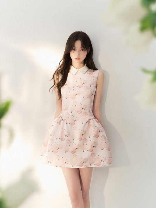 Satin Rose Print Puff Sundress【s0000016877】