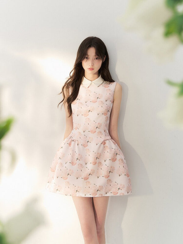 Satin Rose Print Puff Sundress【s0000016877】