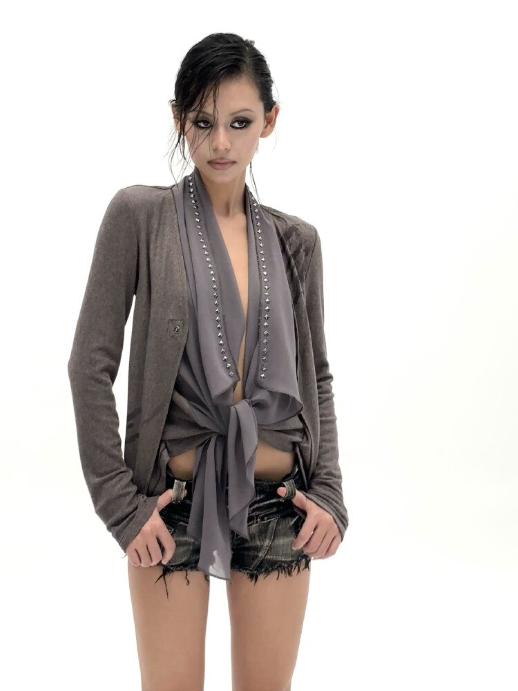 Knitted Chiffon Stitched Cardigan【s0000016059】