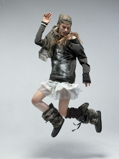 Slant Shoulder Round Neck Printed T-Shirt【s0000011842】