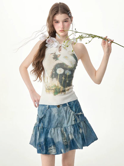 Halter Neck Cat Print Knit Vest【s0000017313】