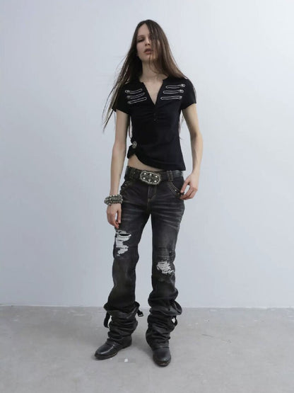 Low Waisted Black Ripped Jeans【s0000016564】