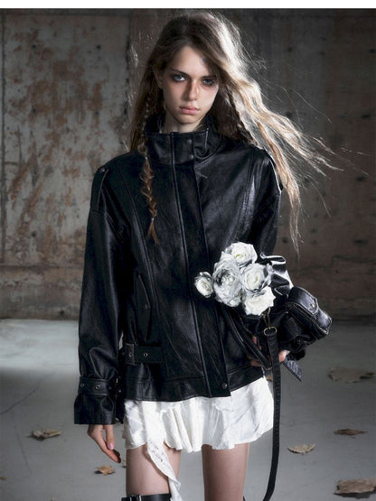 Loose black myriad leather jacket【s0000013885】