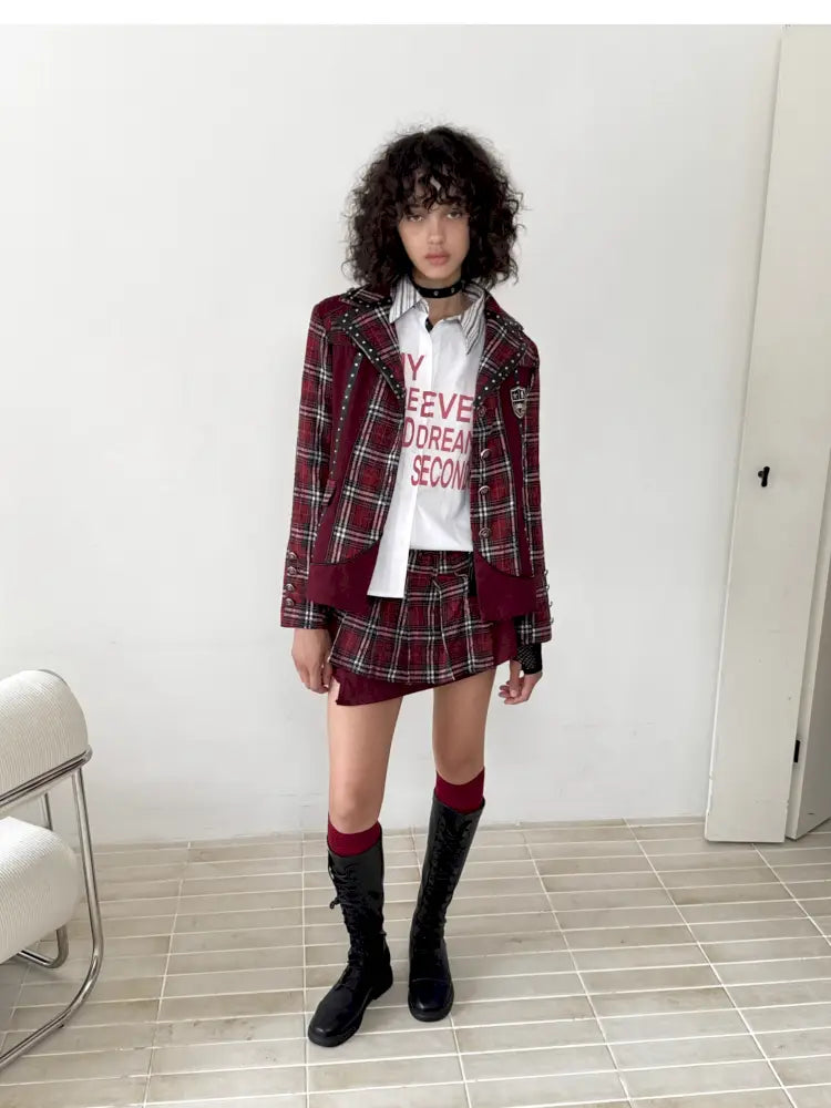 College Punk Badge Plaid Blazer【s0000014204】