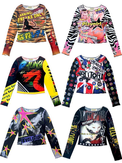 Y2K Millennium Print Long Sleeve Mesh Top【s0000014915】