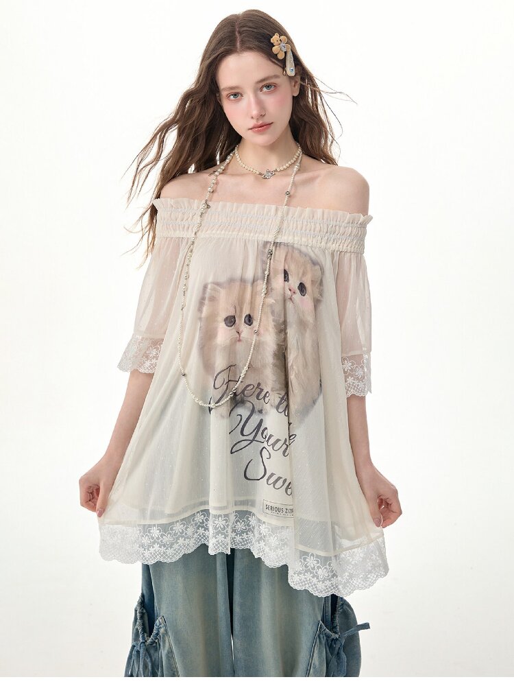 Lace Patchwork Cat Print T-Shirt【s0000017303】