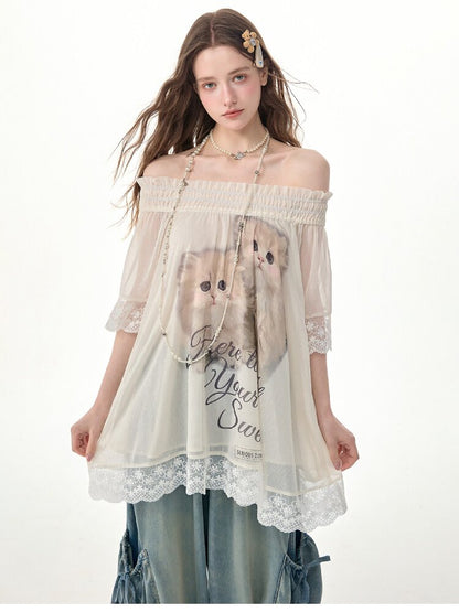 Lace Patchwork Cat Print T-Shirt【s0000017303】