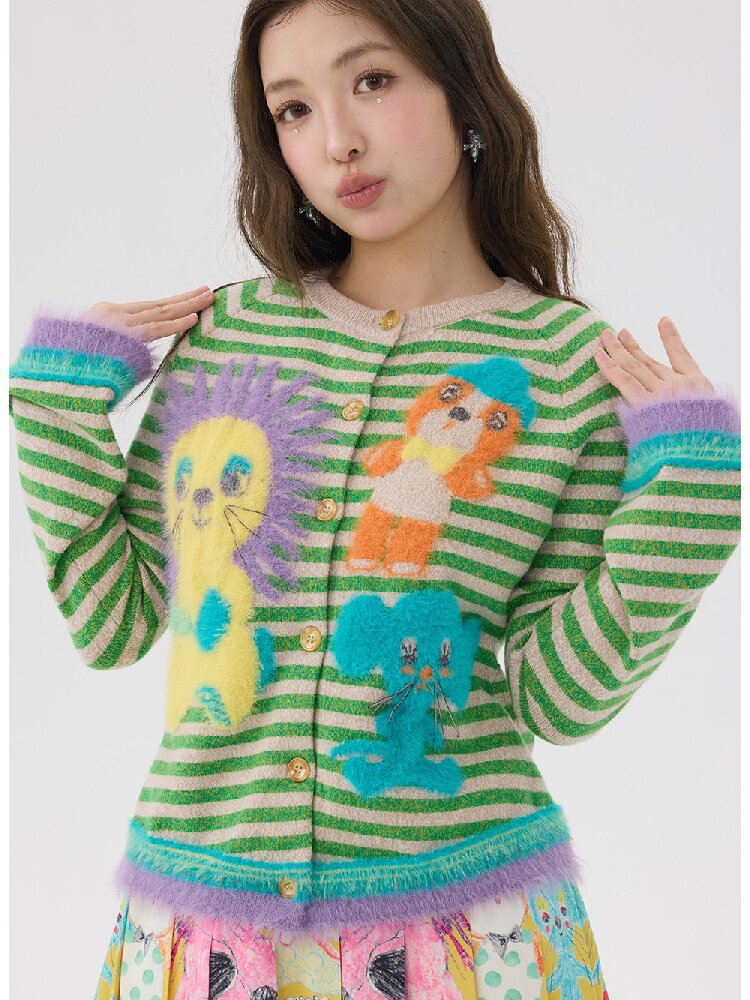 Striped Plush Cartoon Knit Cardigan【s0000016198】