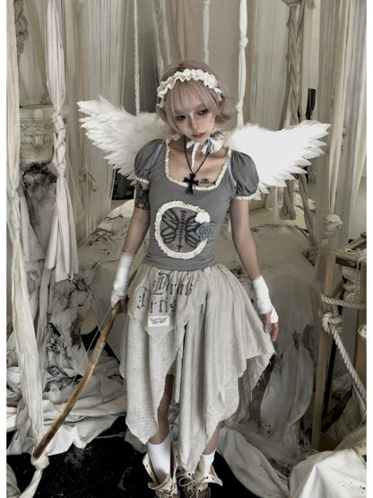 Irregular Patchwork Printed Old Tattered Half Skirt【s0000013526】