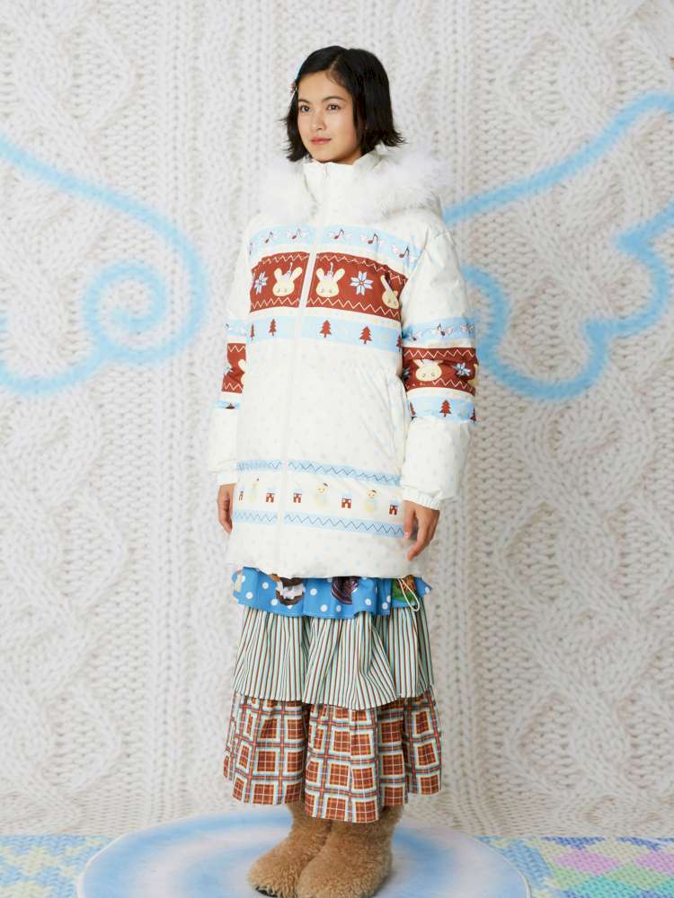 Fair Isle White Hooded Print Down Jacket【s0000014858】