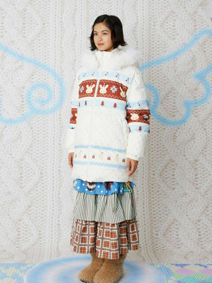 Fair Isle White Hooded Print Down Jacket【s0000014858】