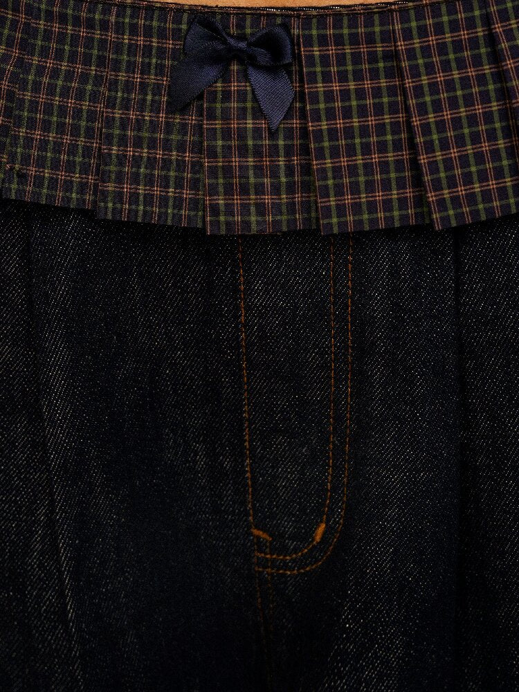 Pleated Plaid Straight Leg Jeans【s0000017912】