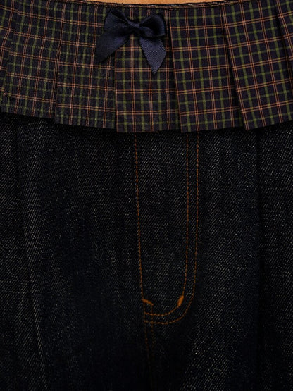 Pleated Plaid Straight Leg Jeans【s0000017912】