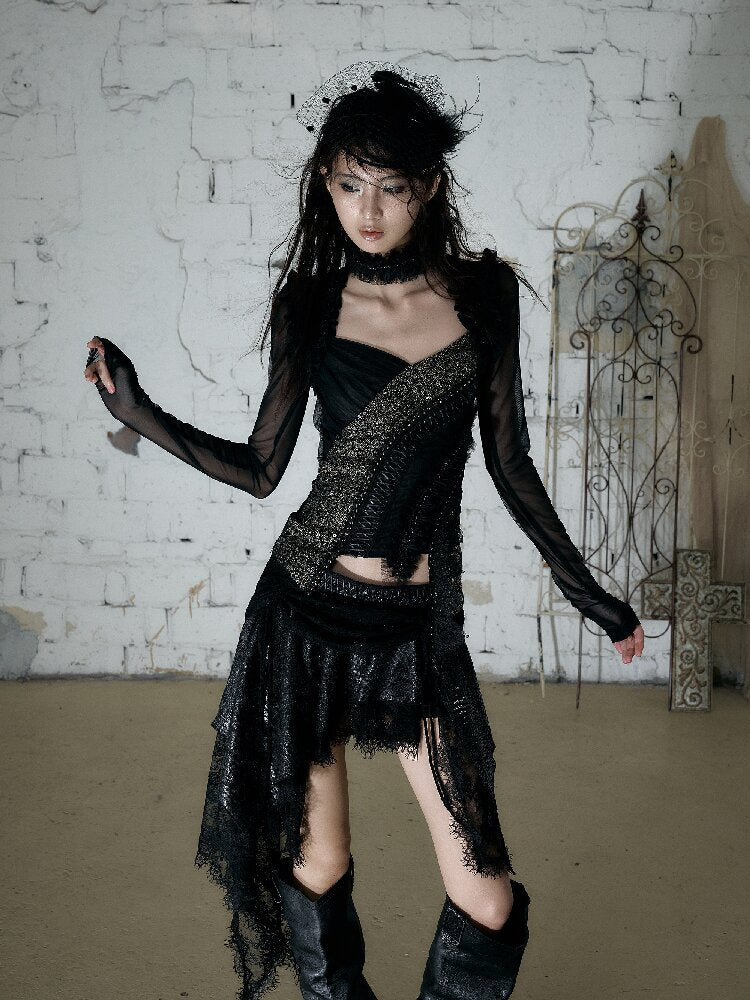 Sequin Webbing Mesh Long Sleeve Top【s0000016984】
