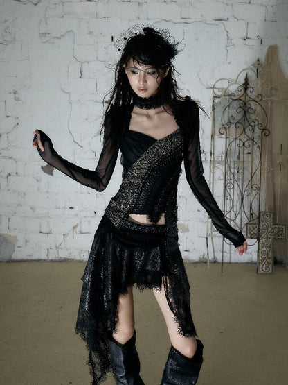 Sequin Webbing Mesh Long Sleeve Top【s0000016984】
