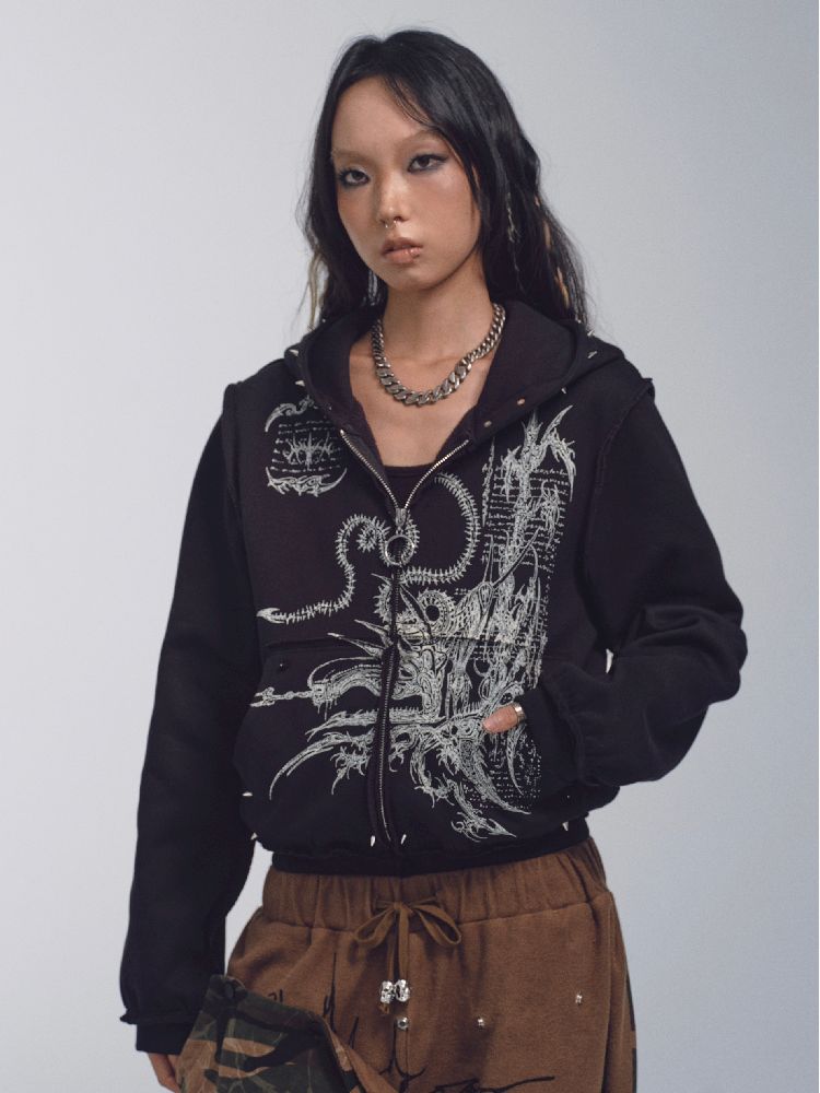 Printed Sweatshirt Studded Hoodie【s0000011232】