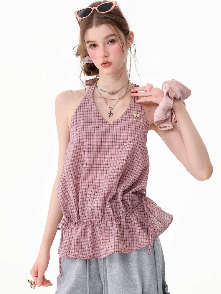 American Vintage Plaid Halter Top【s0000017749】