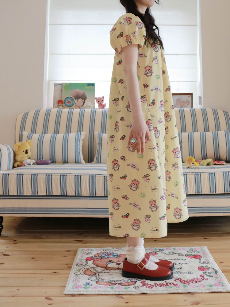 Bear Print Puff Sleeve Long Dress【s0000017512】