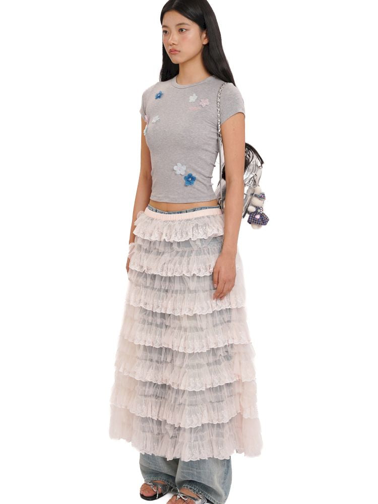 Irregular flowers Slim short-sleeved T-shirt【s0000013444】