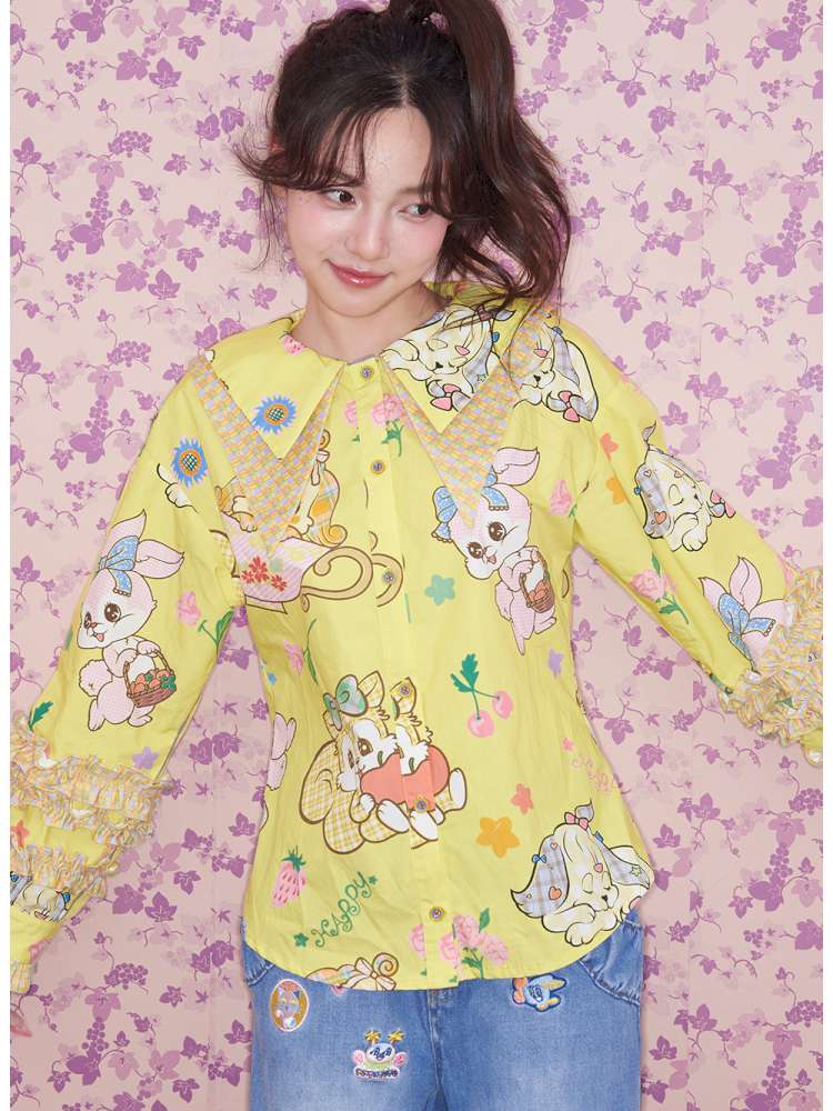 Yellow Ruffled Critter Print Shirt【s0000015032】
