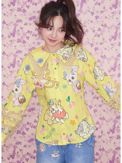 Yellow Ruffled Critter Print Shirt【s0000015032】