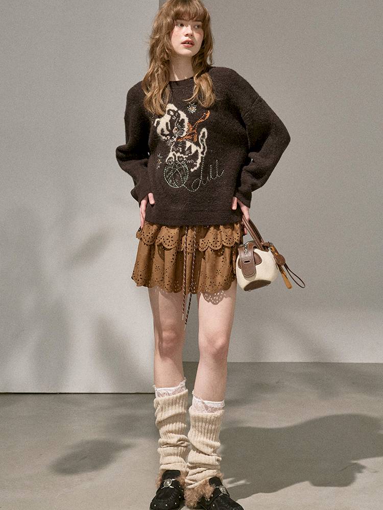 Playful Kitten Round Neck Long Sleeve Sweater【s0000014402】