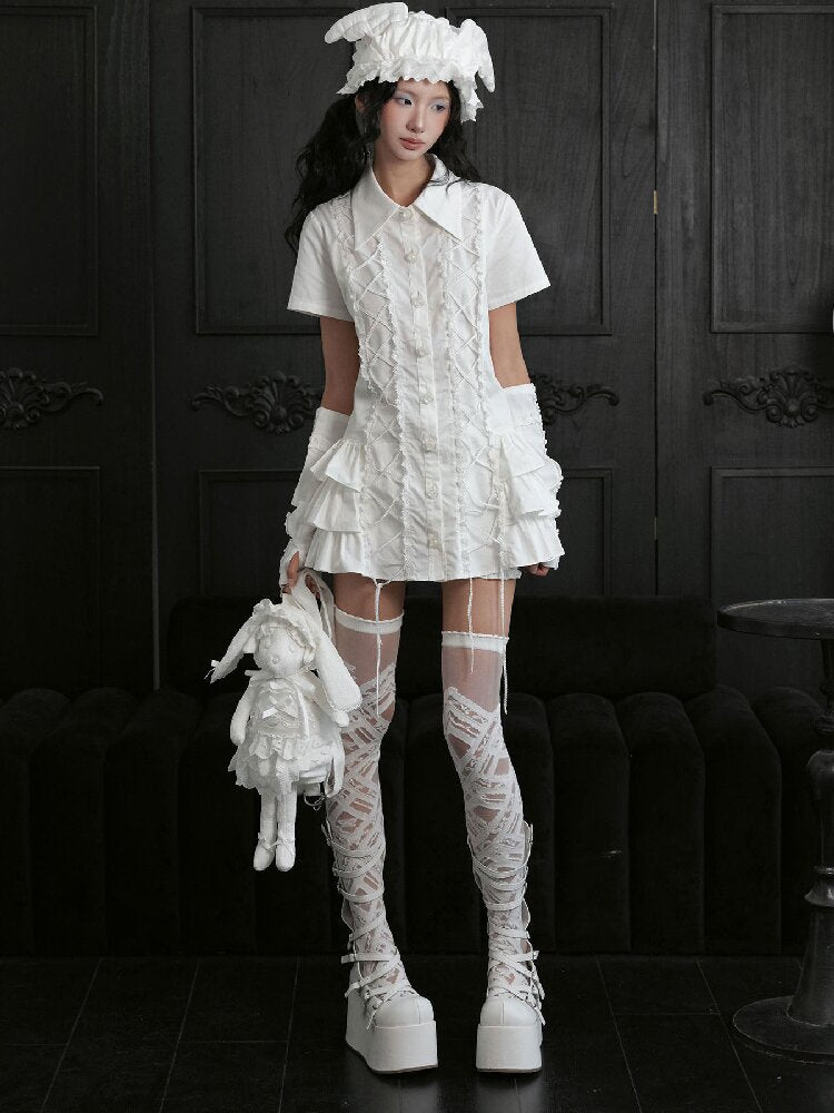 Ruffled Lace Tie Up Shirt Dress【s0000018181】