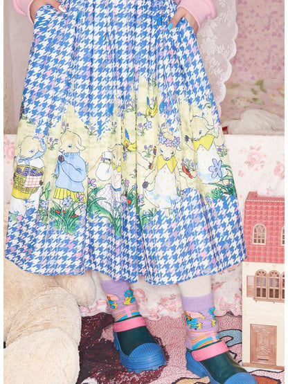 Blue Houndstooth Plaid Lamb Print Skirt【s0000014824】