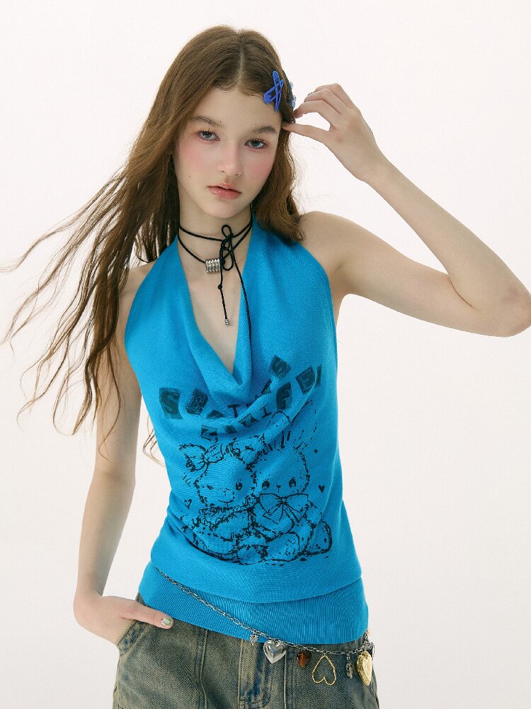 Swing Collar Rabbit Print Halterneck Vest【s0000016847】