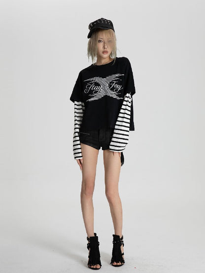 Black White Patchwork Long T-Shirt【s0000018563】