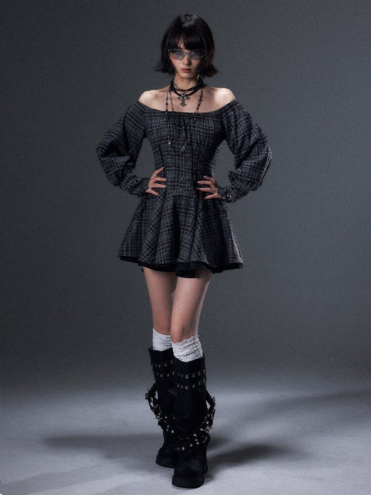 Vintage Plaid Off-Shoulder Dress【s0000018002】