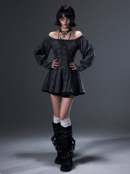 Vintage Plaid Off-Shoulder Dress【s0000018002】