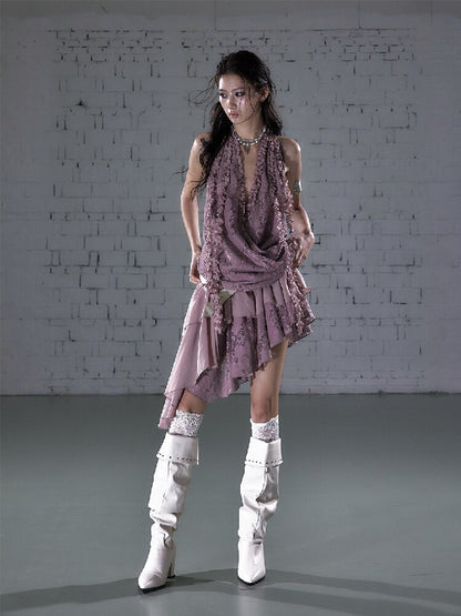 Lace Irregular Hem Halter Dress【s0000016206】